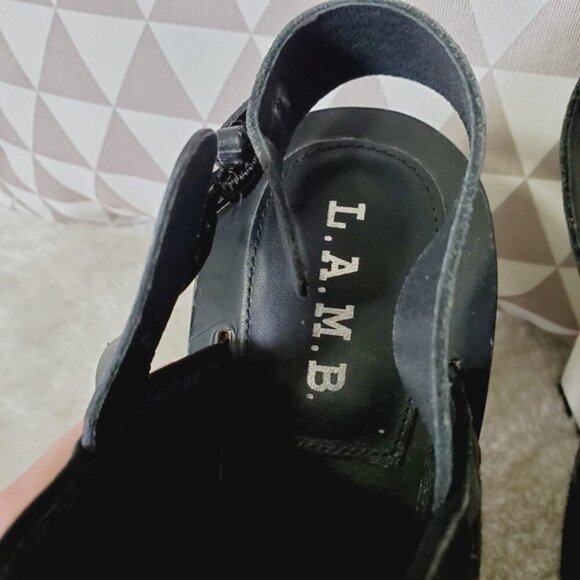 L.A.M.B Valiant Avant Garde Wood Block Heel Leather Mod Goth Strappy Heels 10 - Picture 7 of 7